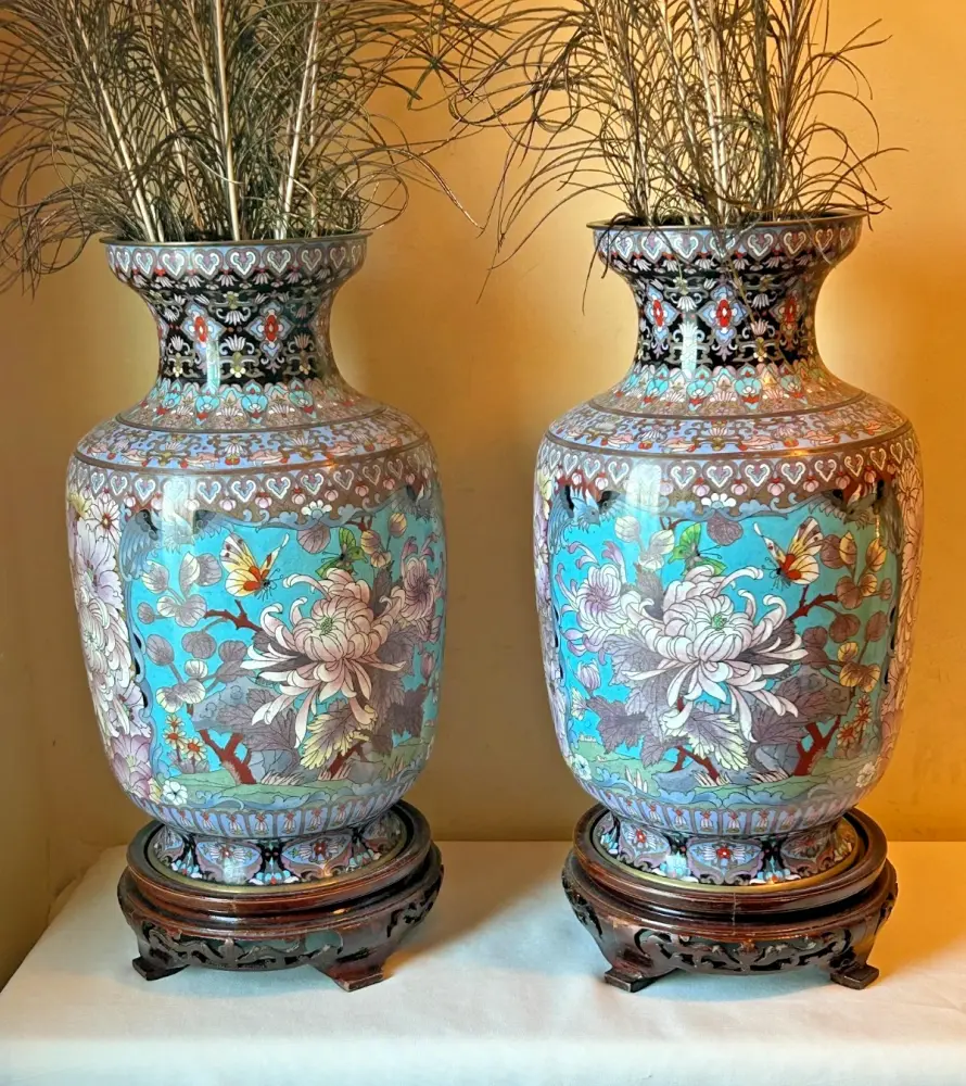 Vintage Cloisonne enamel large Japanese or Chinese vases chrysanthemum butt