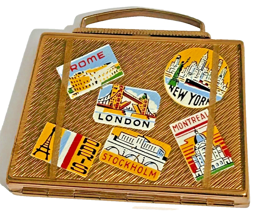 Vintage Mascot powder compact enamel suitcase labels travel gold tone
