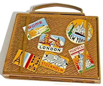 Vintage Mascot powder compact enamel suitcase labels travel gold tone