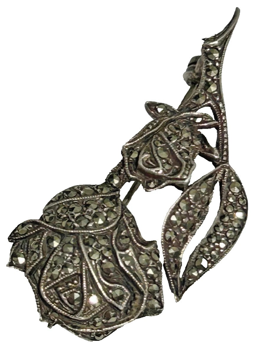 Antique Art Deco Rose Sterling Marcasite Brooch Pin