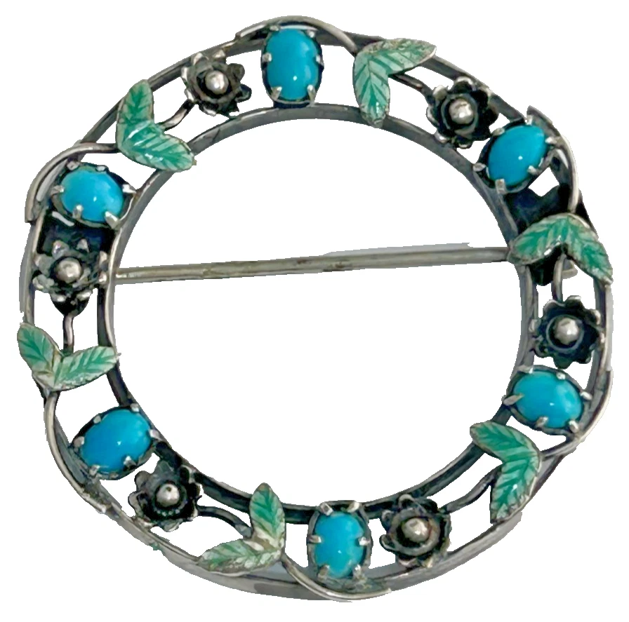 Antique Sterling Sterling silver enamelled Arts & Crafts Turquoise brooch