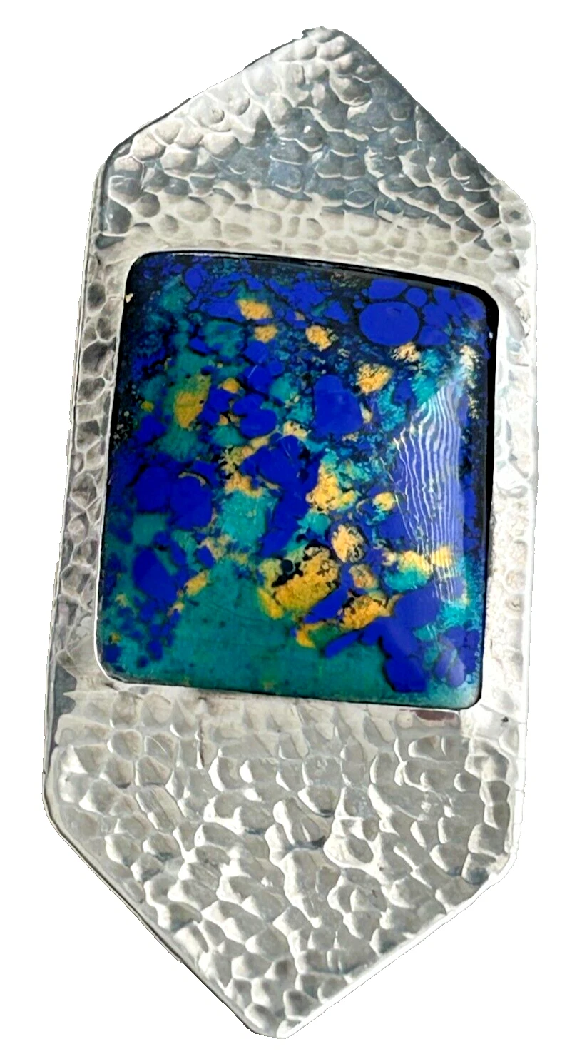 Antique hammered sterling silver enamel arts & crafts brooch pin