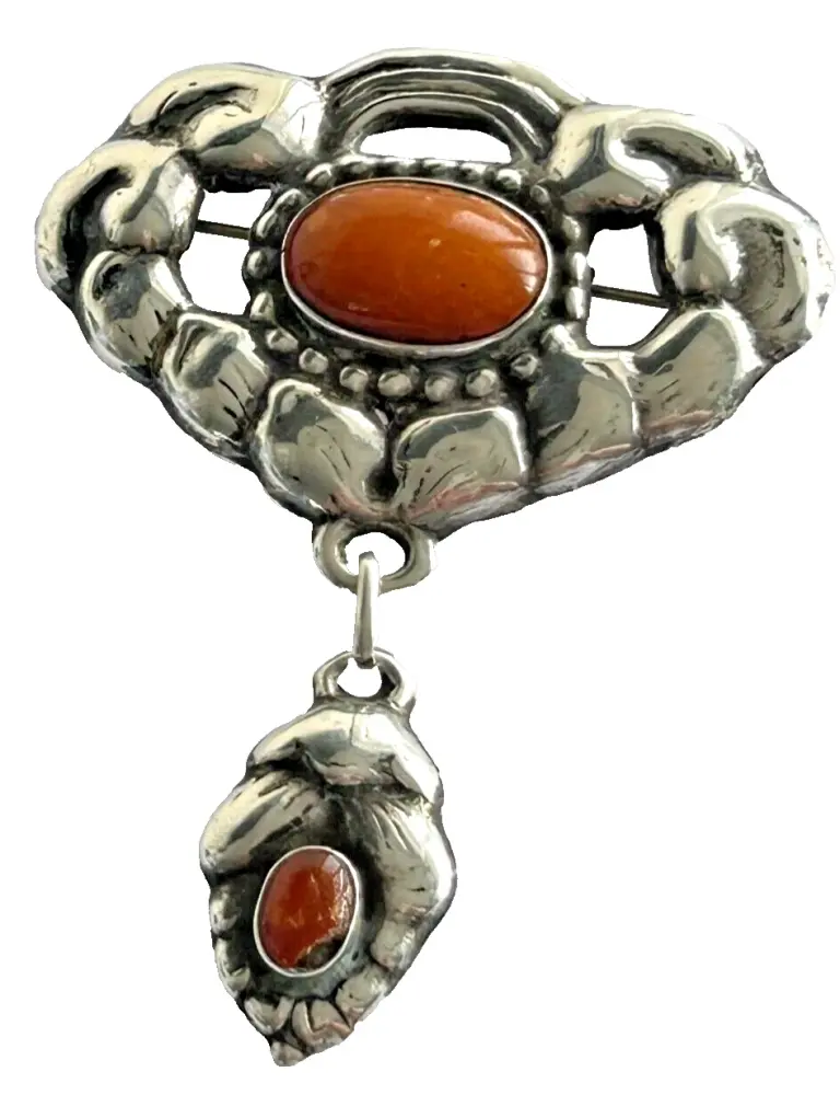 Antique sterling silver Arts Crafts Danish Skonvirke brooch pin Amber Signe