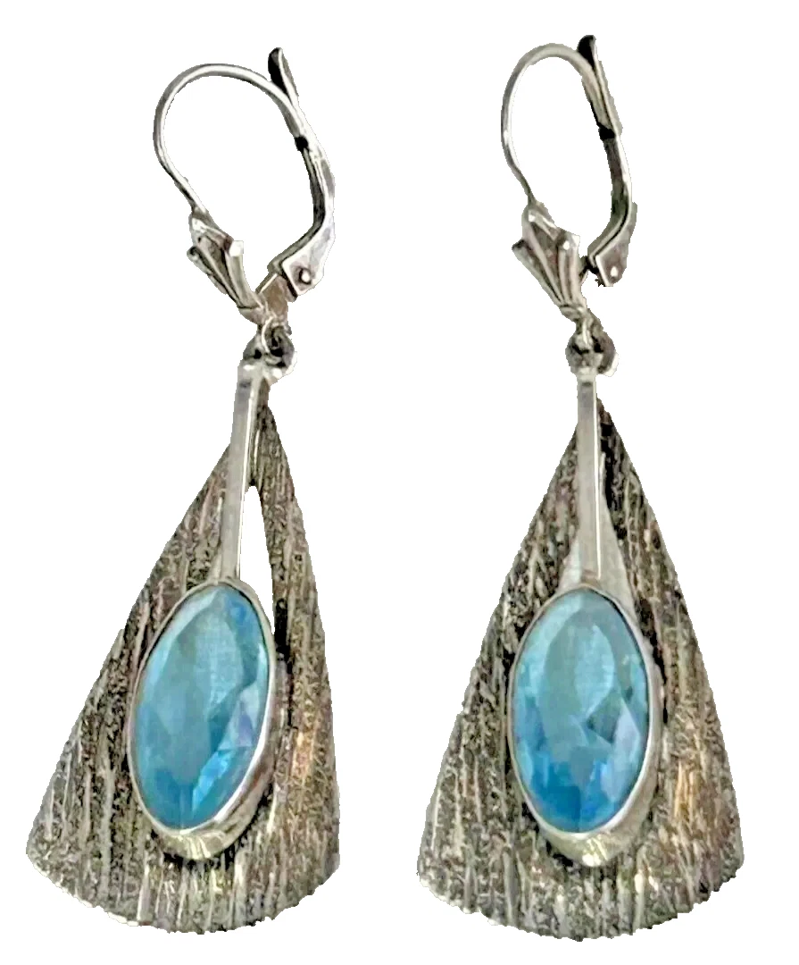 A pair of Vintage sterling silver retro 1970s dangle drop blue faceted past