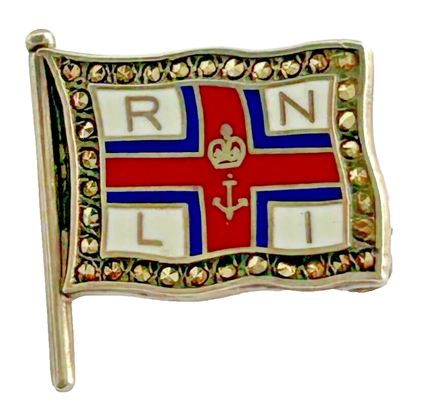 Vintage 925 sterling enamel enamelled R N L I brooch pin Royal Lifeboat