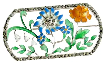 Vintage sterling silver enamel marcasite brooch pin rose lily of valley flower