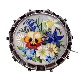 Antique hallmarked sterling silver Hand Painted Victorian brooch pin