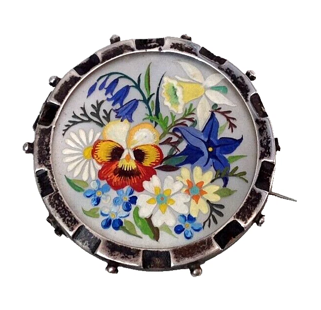 Antique hallmarked sterling silver Hand Painted Victorian brooch pin