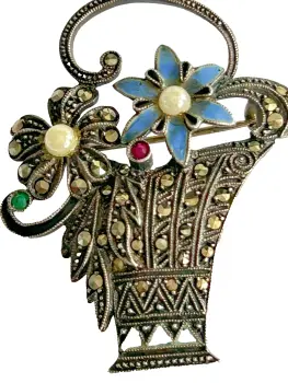 Vintage sterling silver Art Deco Garnet Marcasite Pearl Basket Enamel brooch pin
