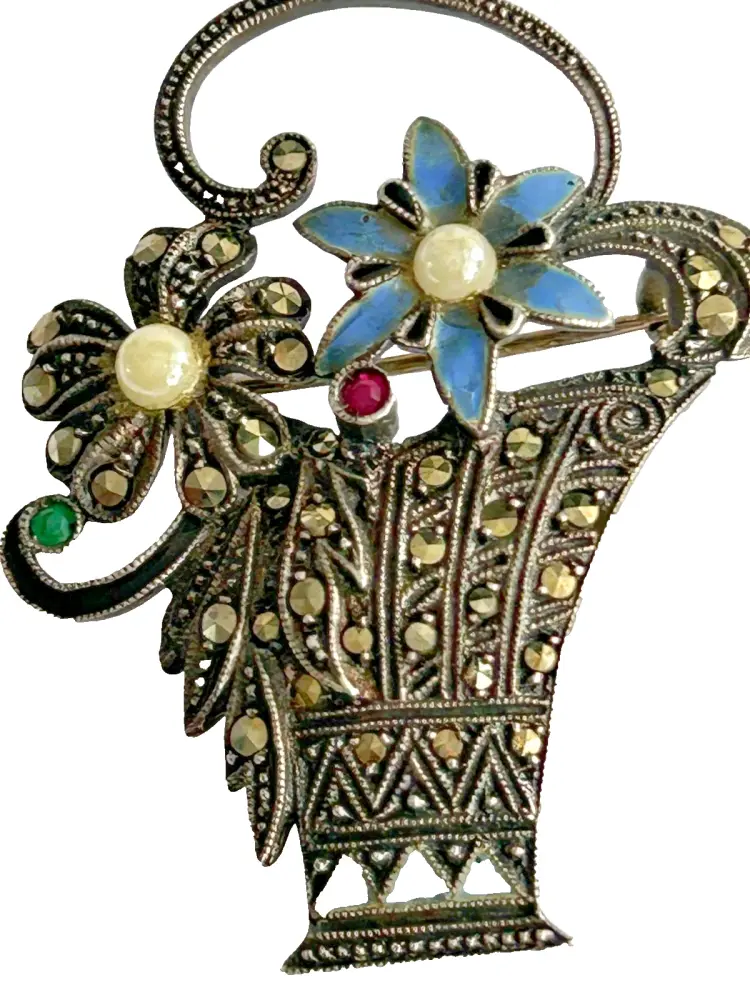 Vintage sterling silver Art Deco Garnet Marcasite Pearl Basket Enamel brooc