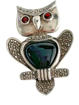Vintage sterling silver Onyx marcasite brooch pin Owl Garnet eyes 925