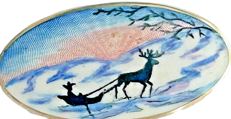 A Antique enamelled Sterling silver Norway northern lights brooch pin K H s