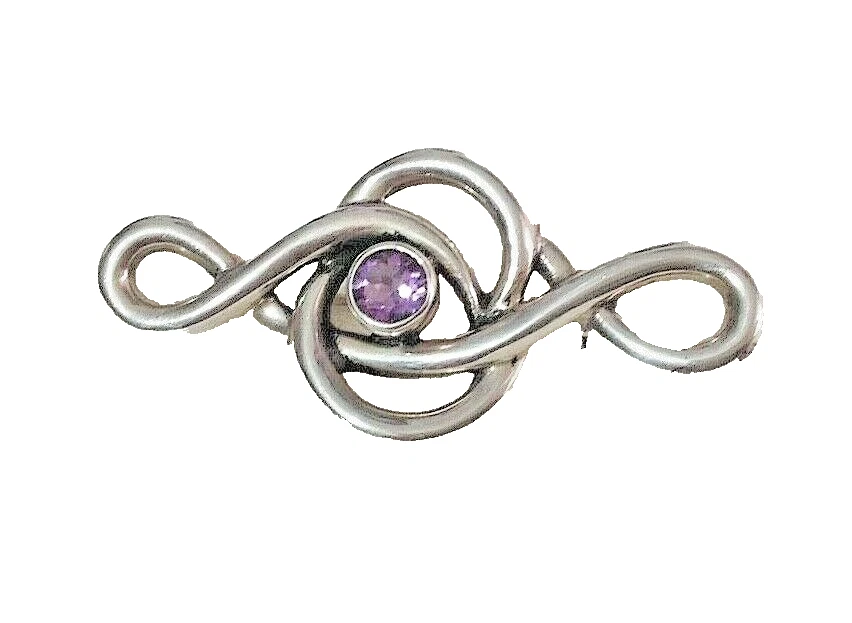 Sterling silver Celtic knot design brooch pin set with Amethyst