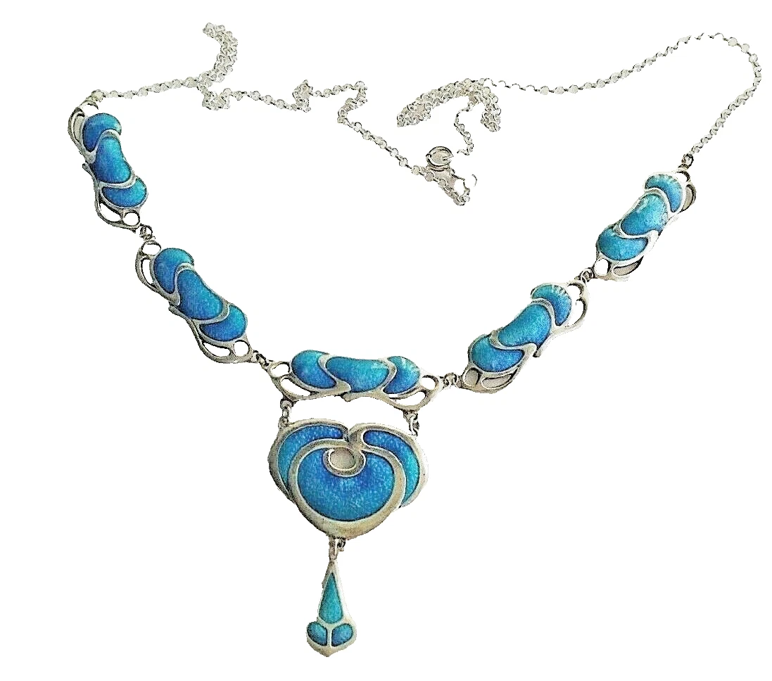 Antique style enamel sterling silver necklace pendant Art Nouveau