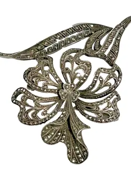 Vintage sterling silver marcasite retro flower brooch pin 1963