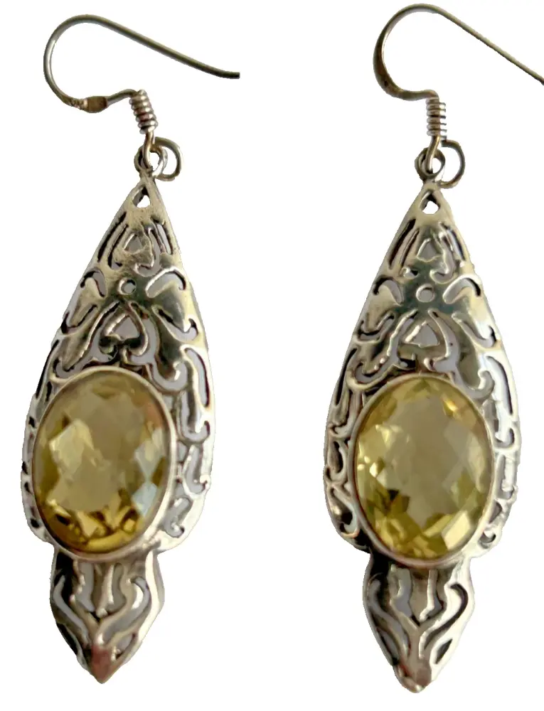 Sterling Silver long fretwork Citrine drop Earrings 925
