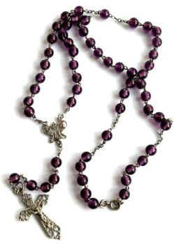 Vintage French Amethyst Sterling Silver Rosary cross bead necklace