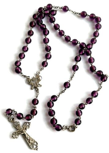 Vintage French Amethyst Sterling Silver Rosary cross bead necklace