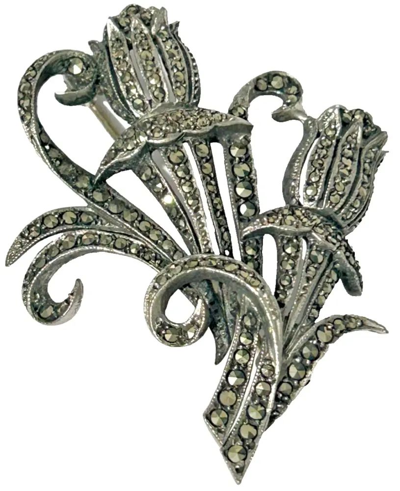 A vintage sterling silver Marcasite flower spray brooch pin
