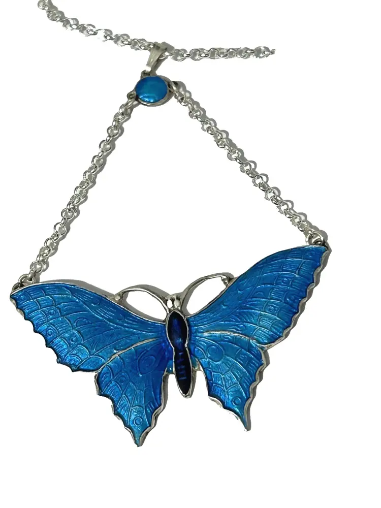 Antique style enamelled sterling silver large butterfly necklace handmade