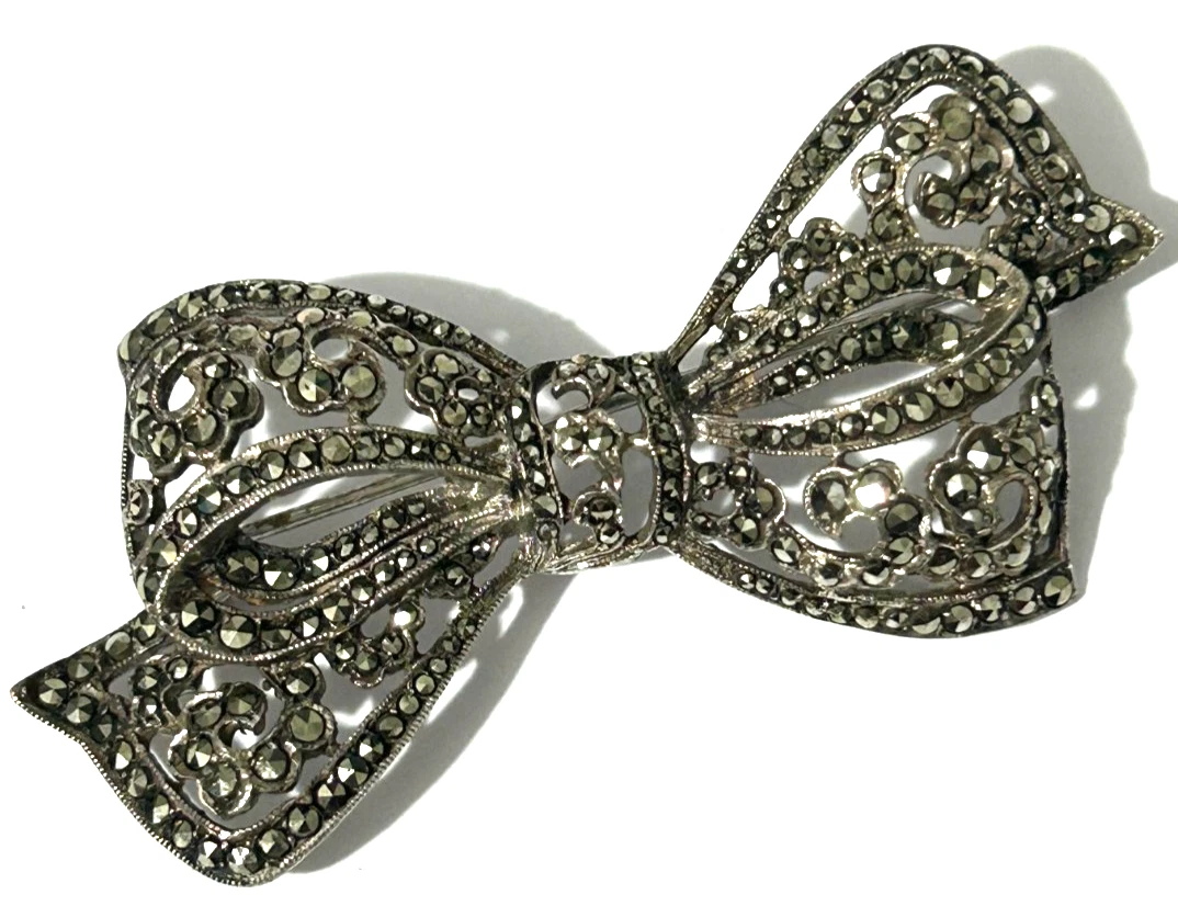 Vintage Sterling Silver Marcasite Bow Brooch Pin