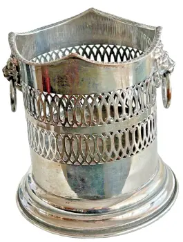 Antique silver plate plated wine bottle holder pierced work lions head handles