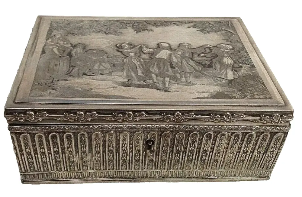 Antique French scene Jewellery trinket box silk lined engraved rural scene