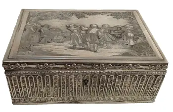 Antique French scene Jewellery trinket box silk lined engraved rural scene