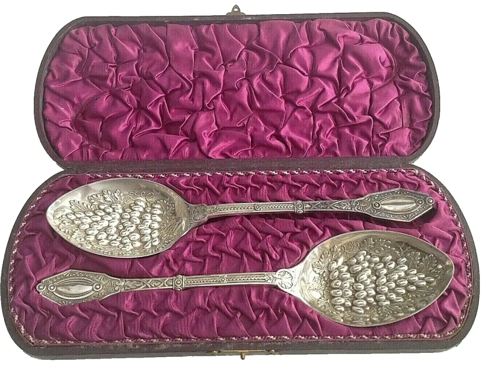Antique pair of silver plate Victorian spoons in box C1880s James Dixon & S