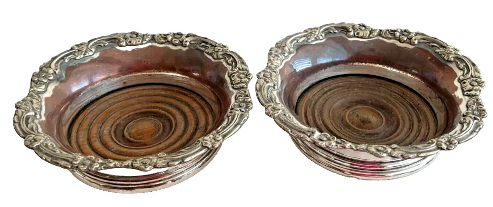 Antique Georgian silver plated large wine bottle coasters pair flowers