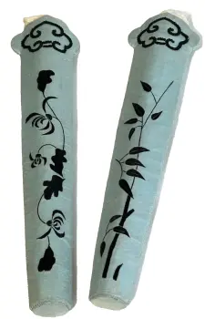 Antique Chinese Embroidered fan case cases pair pale blue silk flowers