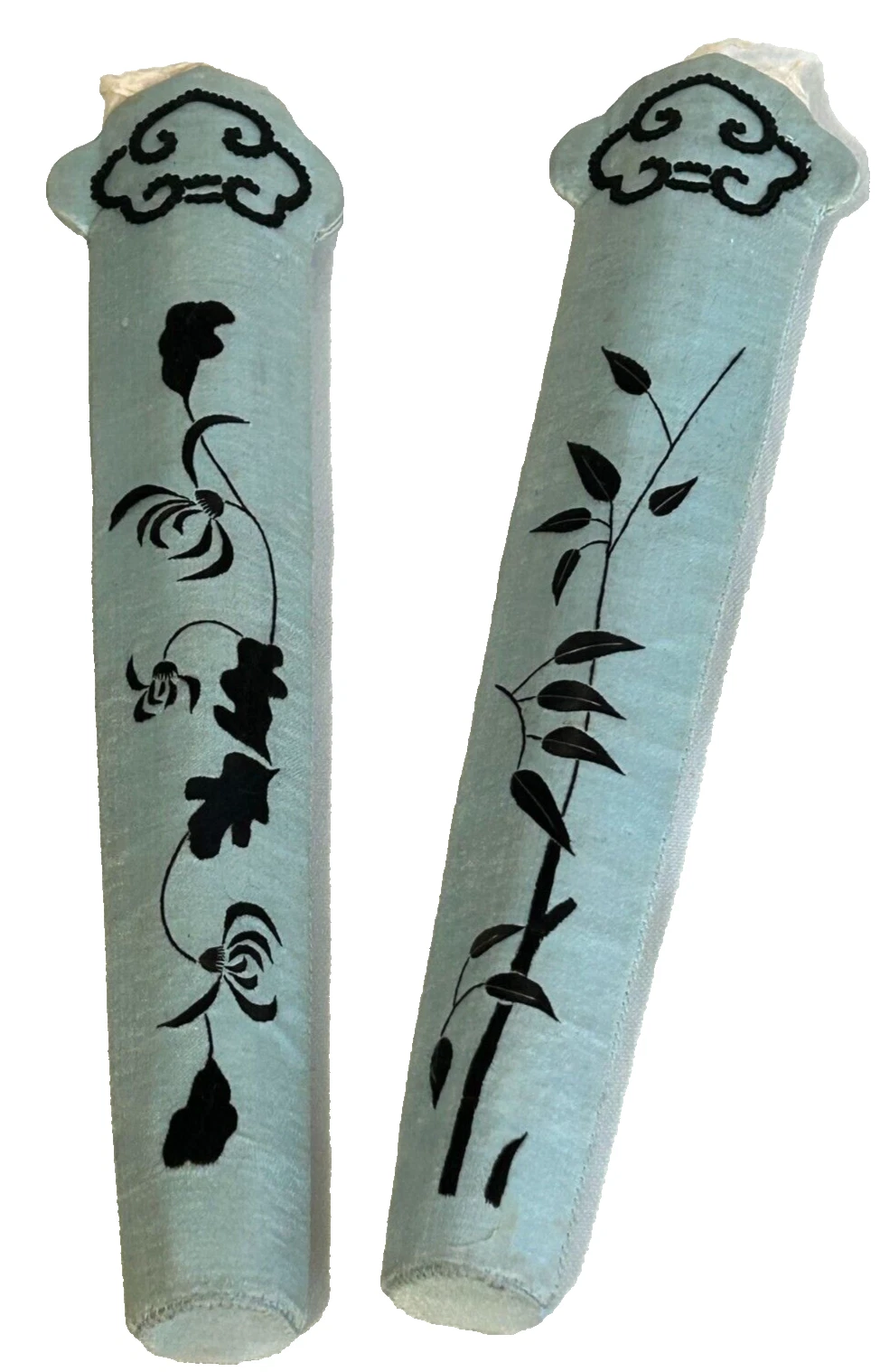 Antique Chinese Embroidered fan case cases pair pale blue silk flowers