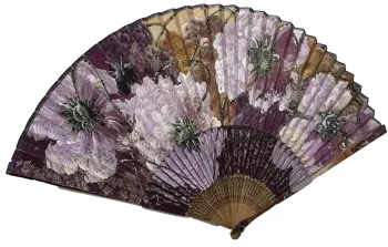 Vintage Hand Painted over Print Japanese Fan Flower Blossom