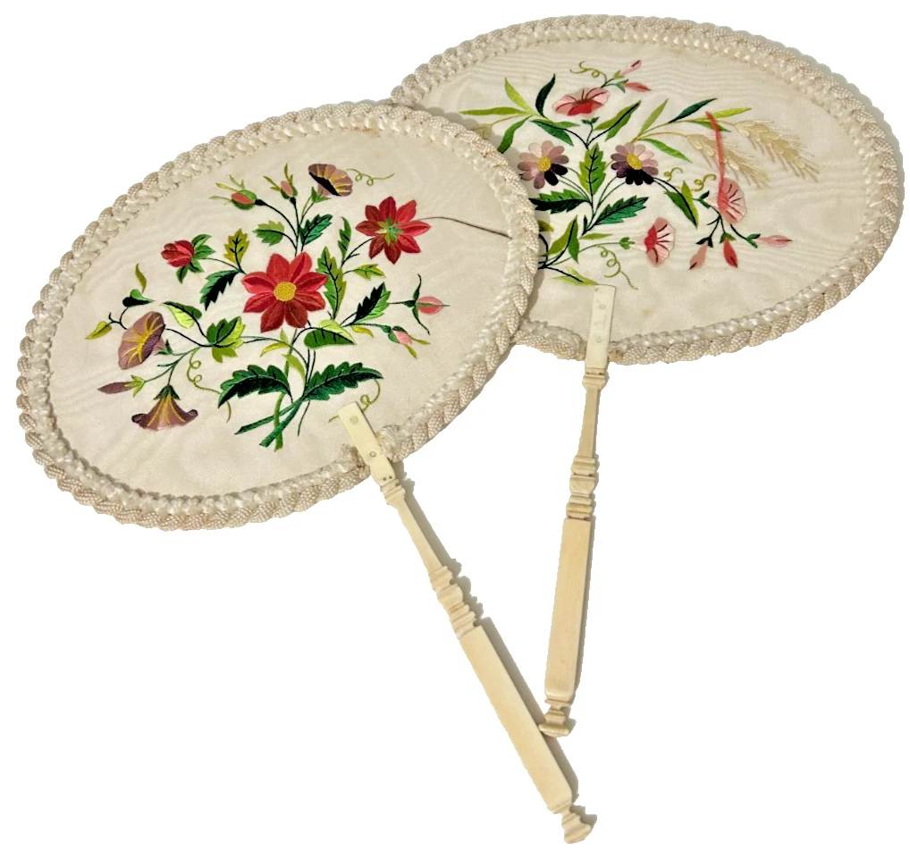 Antique Victorian embroidered face fans Flowers Floral on Gauze carved hand