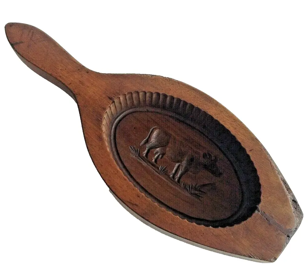 Antique Victorian carved wood wooden butter pat mould dairy cow intaglio