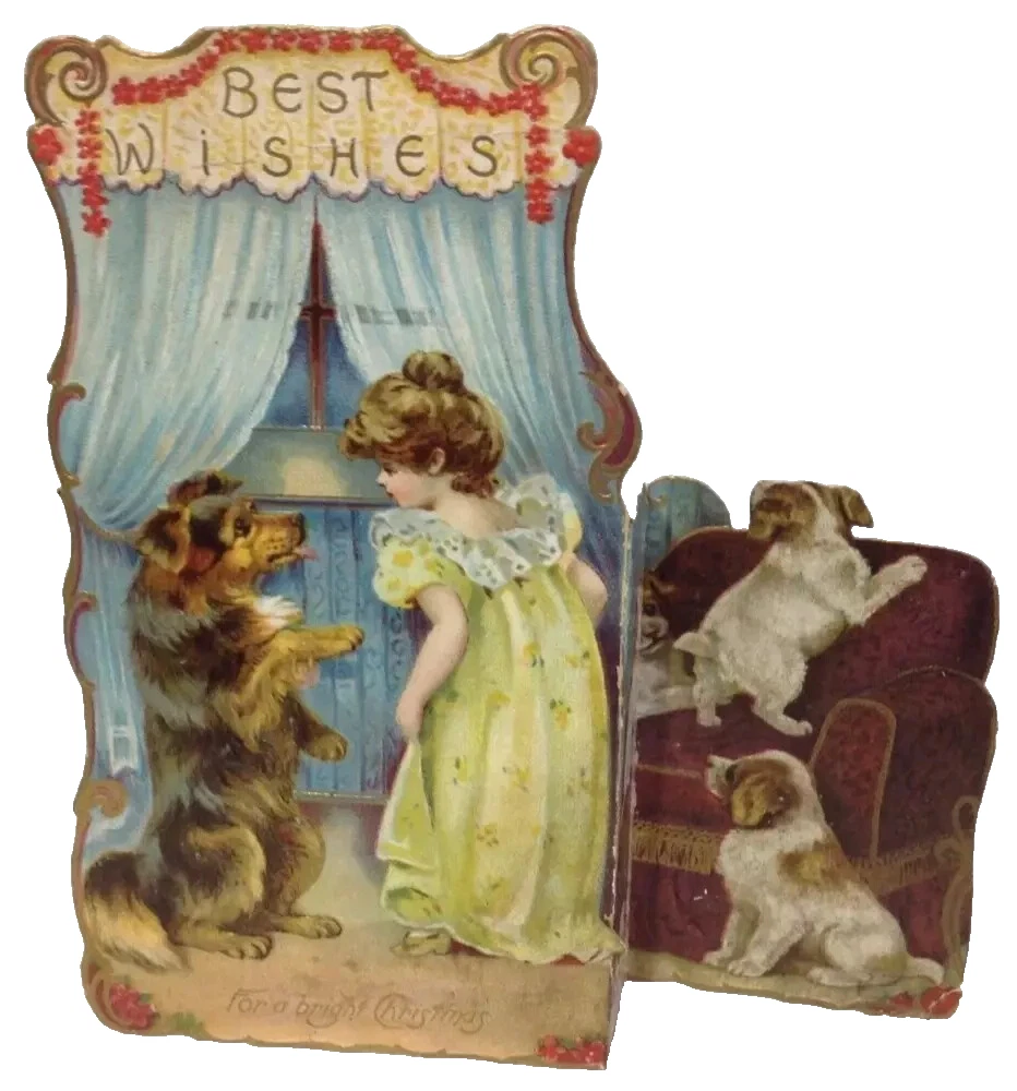 Antique Christmas Greeting Card Davidson Brothers London Dogs Puppies