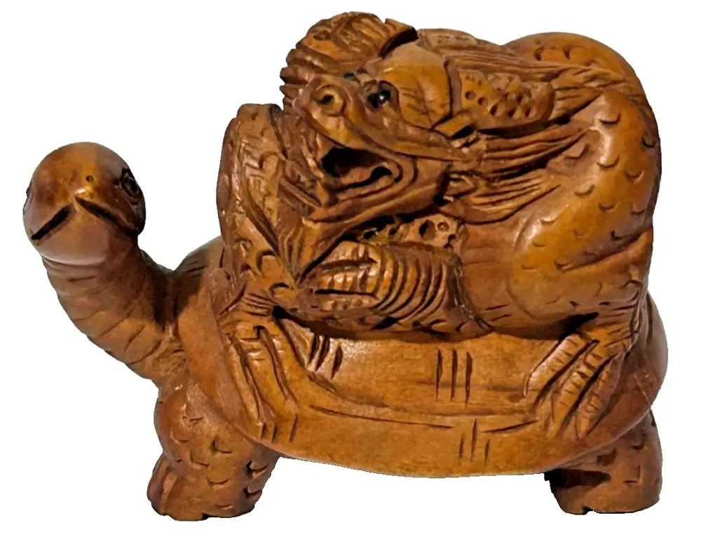 Boxwood carved wood Netsuke tortoise turtle tiny bead eyes signed Japanese