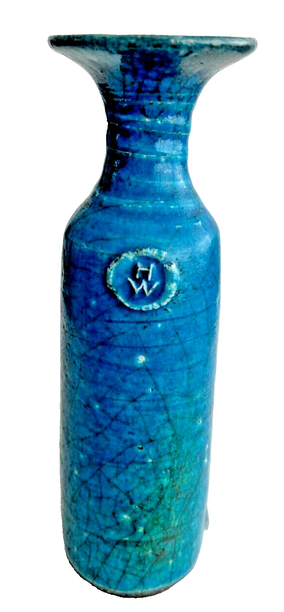 Vintage Huge West Signed studio pottery Raku vase beautiful Turquoise glaze