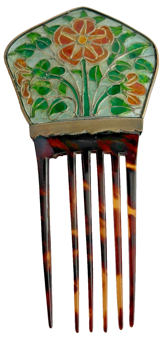 Antique Arts & Crafts Aesthetic Nouveau plique a jour hair comb Henry Wilso