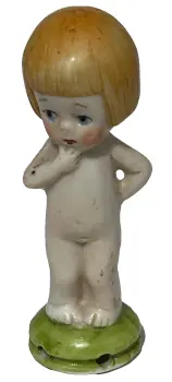 Antique ceramic half doll German little girl with bobbed hair