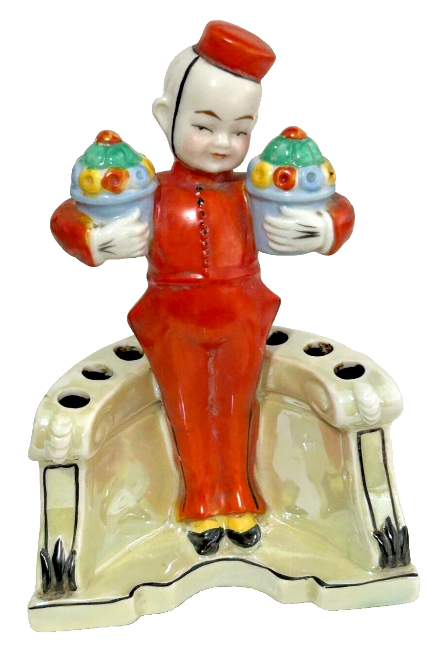 Antique ceramic Victorian Goebel bell boy hat pin holder flower frog Art De