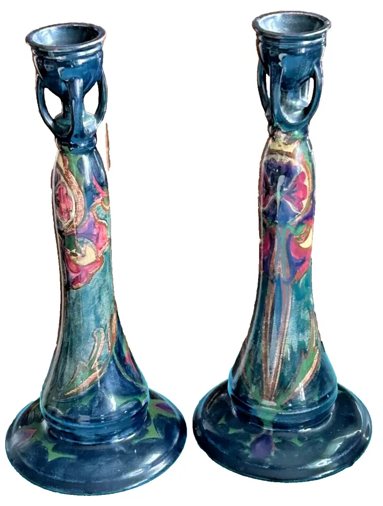 Gouda pottery candlesticks Early 20th Century Dutch Holland polychrome pair