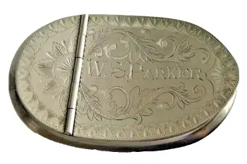 Antique engraved swan tobacco snuff tin box W S Parker Victorian
