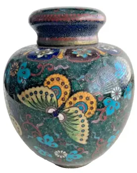 Antique Japanese Cloisonne tea caddy flowers Butterflies very pretty