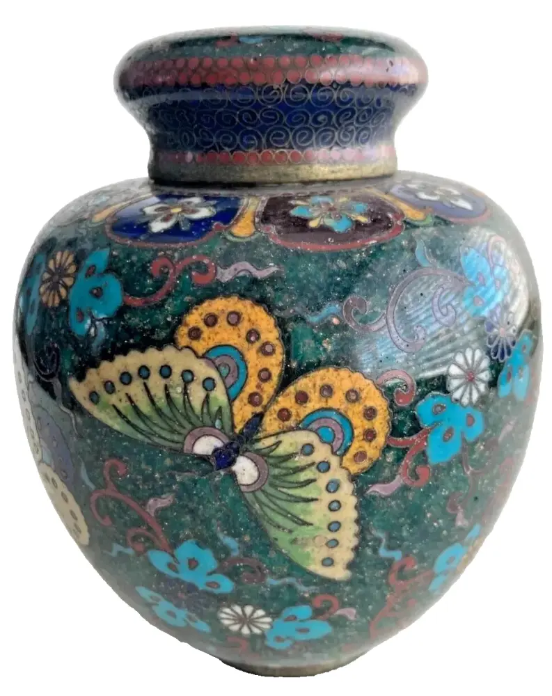 Antique Japanese Cloisonne tea caddy flowers Butterflies very pretty