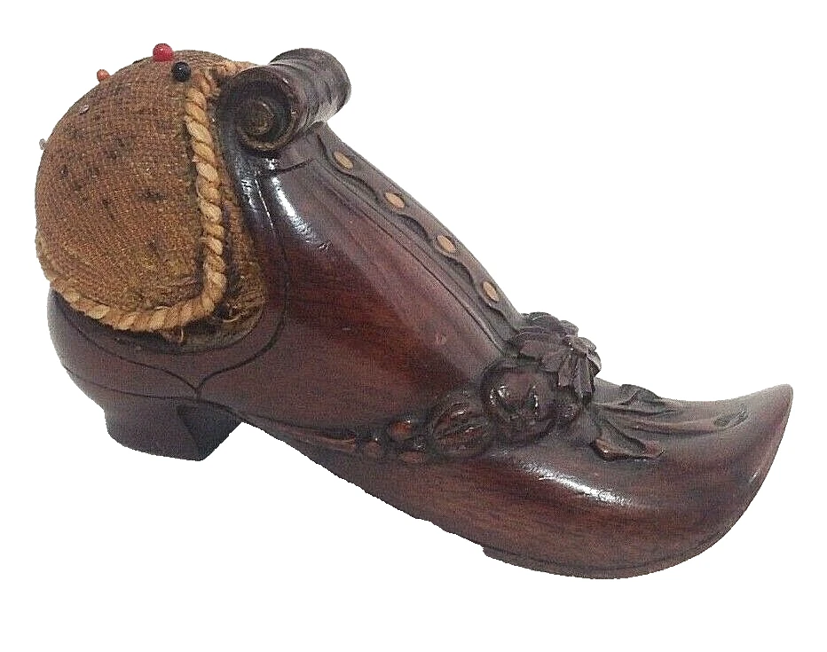 Antique carved wood Black Forest shoe pin cushion ribbons & floral swags