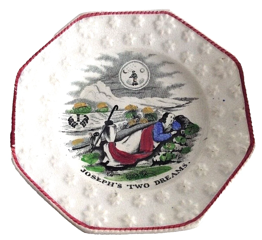 Antique ceramic nursery transferware toddy plate Joseph's dreams
