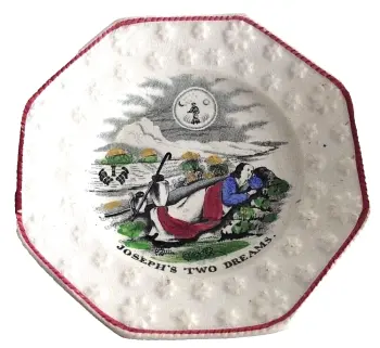 Antique ceramic nursery transferware toddy plate Joseph's dreams