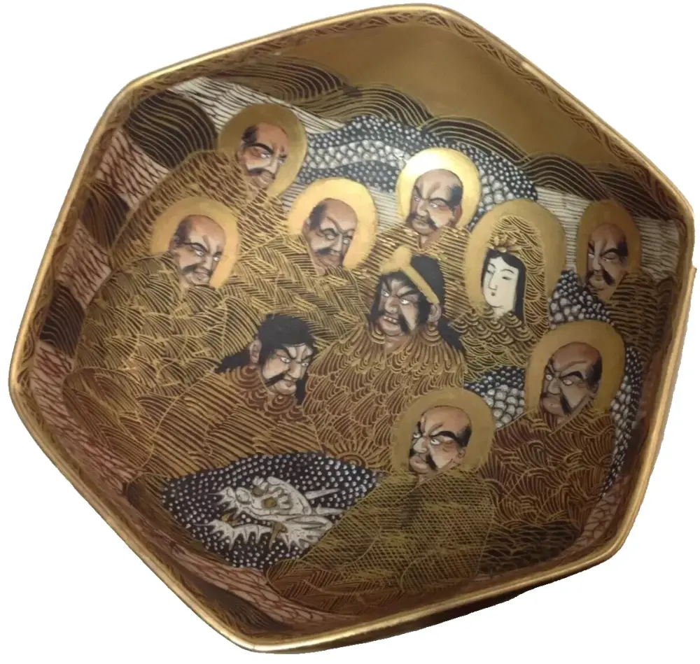 Antique Japanese Satsuma China Bowl on carved wooden stand Signed