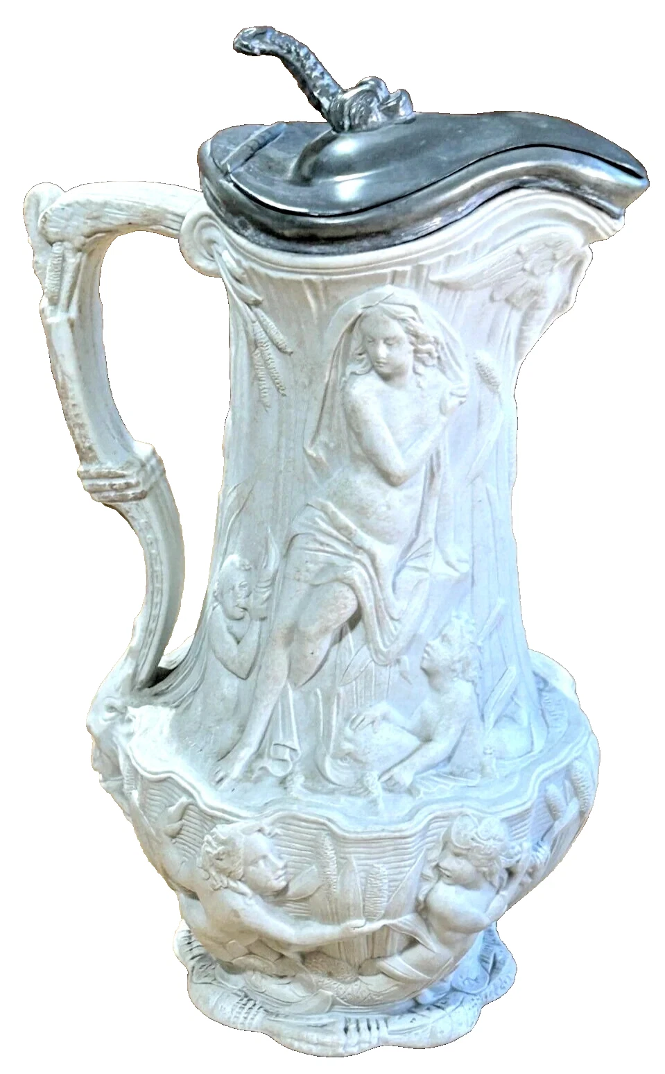 Antique Victorian embossed jug water nymphs and cherubs Dolphin lid Sam Alc